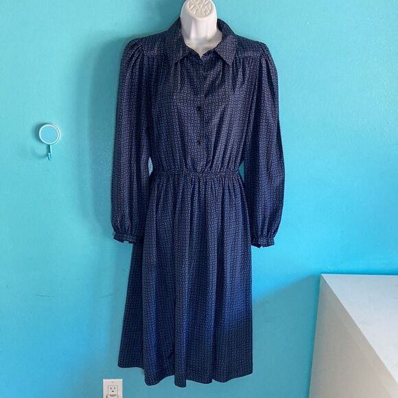 Halston III  Womens Size 8 Vintage 1980's Blue Logo Midi Dress Perfect Condition - Picture 1 of 13